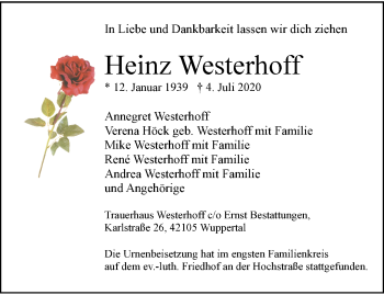 Traueranzeige von Heinz Westerhoff von trauer.wuppertaler-rundschau.de