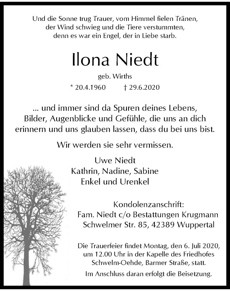  Traueranzeige für Ilona Niedt vom 04.07.2020 aus trauer.wuppertaler-rundschau.de