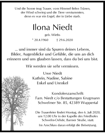 Traueranzeige von Ilona Niedt von trauer.wuppertaler-rundschau.de