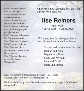 Traueranzeige von Ilse Reiners von trauer.extra-tipp-moenchengladbach.de