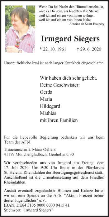 Traueranzeige von Irmgard Siegers von trauer.extra-tipp-moenchengladbach.de