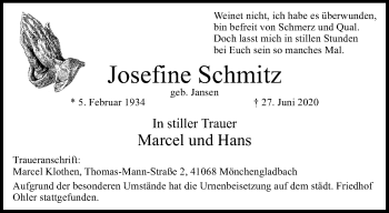 Traueranzeige von Josefine Schmitz von trauer.extra-tipp-moenchengladbach.de