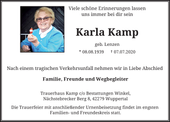 Traueranzeige von Karla Kamp von trauer.wuppertaler-rundschau.de