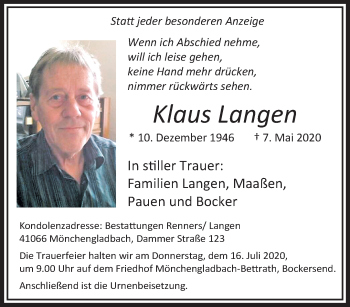 Traueranzeige von Klaus Langen von trauer.extra-tipp-moenchengladbach.de