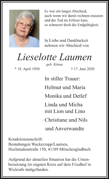 Traueranzeige von Lieselotte Laumen von trauer.extra-tipp-moenchengladbach.de