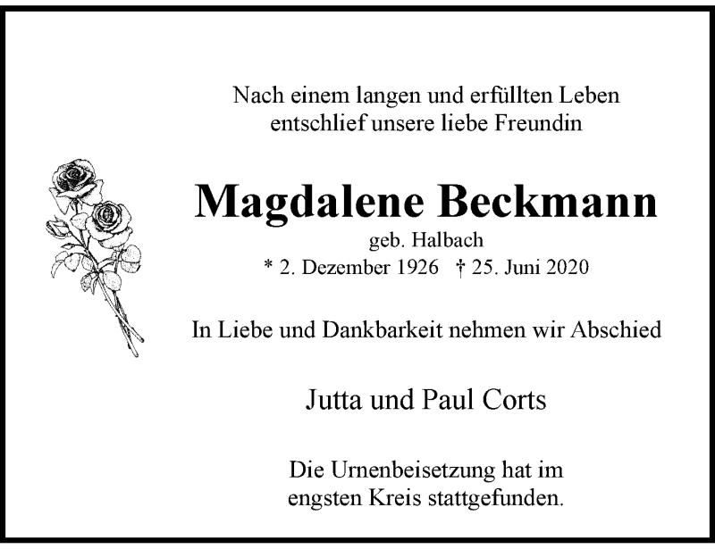 Traueranzeigen Von Magdalene Beckmann Trauer Und Gedenken 7568