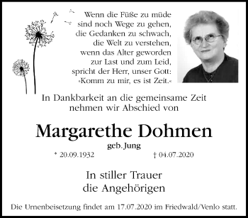 Traueranzeige von Margarethe Dohmen von trauer.extra-tipp-moenchengladbach.de