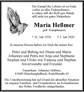 Traueranzeige von Maria Heßmer von trauer.extra-tipp-moenchengladbach.de