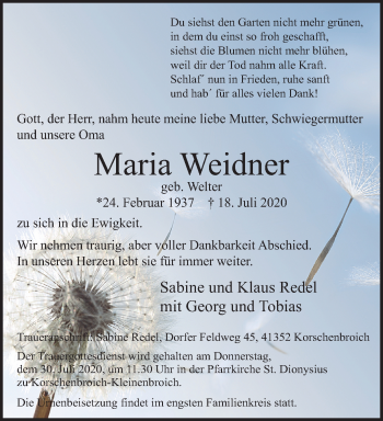 Traueranzeige von Maria Weidner von trauer.extra-tipp-moenchengladbach.de