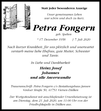Traueranzeige von Petra Fongern von trauer.extra-tipp-moenchengladbach.de