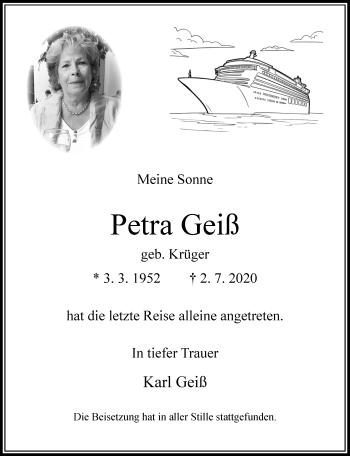 Traueranzeige von Petra Geiß von trauer.wuppertaler-rundschau.de