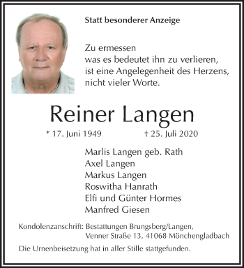 Traueranzeige von Reiner Langen von trauer.extra-tipp-moenchengladbach.de