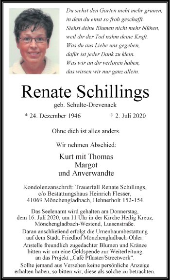 Traueranzeige von Renate Schillings von trauer.extra-tipp-moenchengladbach.de