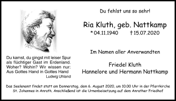 Traueranzeige von Ria Kluth von trauer.extra-tipp-moenchengladbach.de