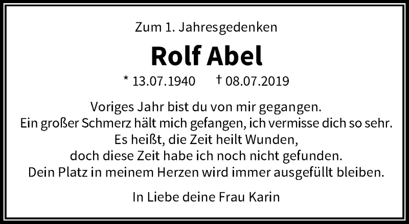  Traueranzeige für Rolf Abel vom 11.07.2020 aus trauer.wuppertaler-rundschau.de