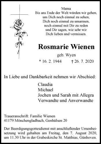 Traueranzeige von Rosmarie Wienen von trauer.extra-tipp-moenchengladbach.de