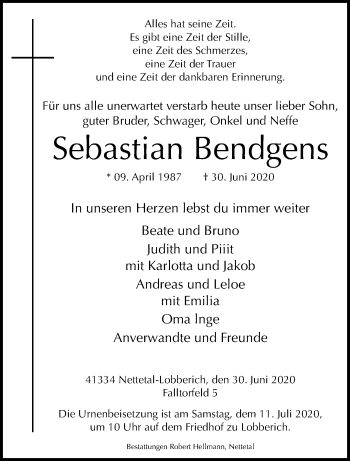 Traueranzeige von Sebastian Bendgens von trauer.extra-tipp-moenchengladbach.de