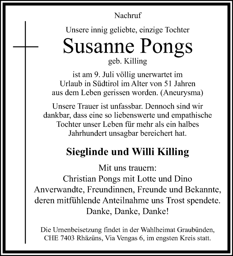  Traueranzeige für Susanne Pongs vom 19.07.2020 aus trauer.extra-tipp-moenchengladbach.de