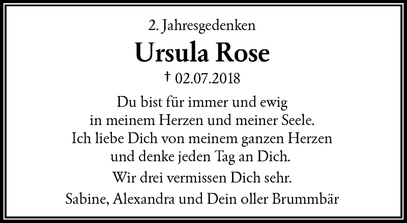  Traueranzeige für Ursula Rose vom 04.07.2020 aus trauer.wuppertaler-rundschau.de
