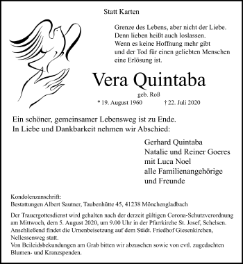 Traueranzeige von Vera Quintaba von trauer.extra-tipp-moenchengladbach.de