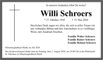 Traueranzeige von Willi Schroers von trauer.extra-tipp-moenchengladbach.de