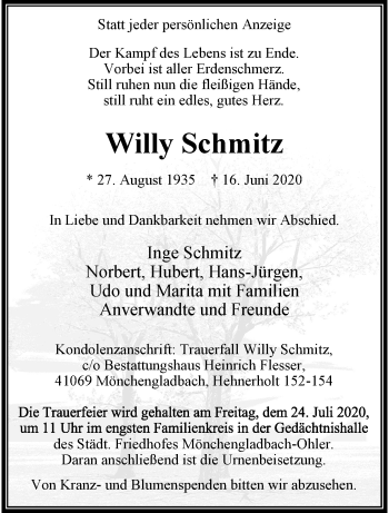 Traueranzeige von Willy Schmitz von trauer.extra-tipp-moenchengladbach.de