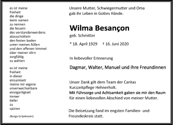 Traueranzeige von Wilma Besancon von trauer.extra-tipp-moenchengladbach.de