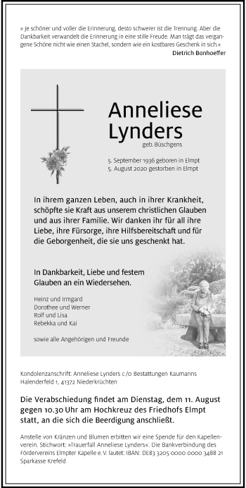 Traueranzeige von Anneliese Lynders von trauer.extra-tipp-moenchengladbach.de