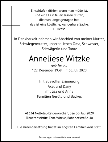 Traueranzeige von Anneliese Witzke von trauer.extra-tipp-moenchengladbach.de