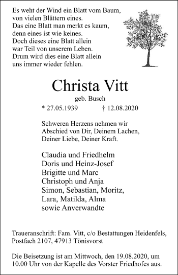 Traueranzeige von Christa Vitt von trauer.extra-tipp-moenchengladbach.de