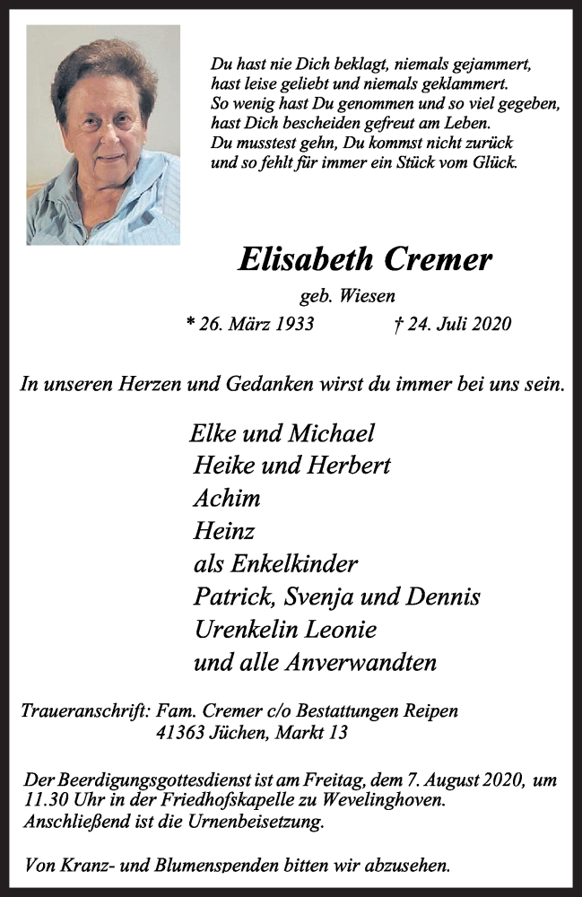  Traueranzeige für Elisabeth Cremer vom 05.08.2020 aus trauer.stadt-kurier.de