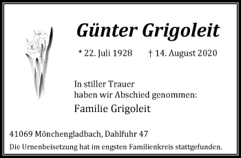 Traueranzeige von Günter Grigoleit von trauer.extra-tipp-moenchengladbach.de