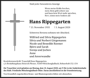 Traueranzeige von Hans Rippegarten von trauer.extra-tipp-moenchengladbach.de