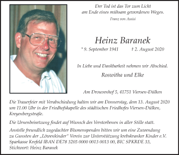 Traueranzeige von Heinz Baranek von trauer.extra-tipp-moenchengladbach.de