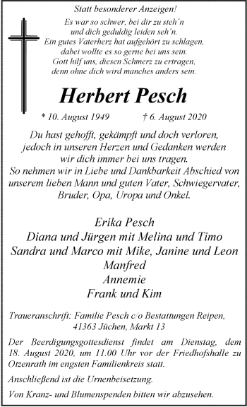 Traueranzeige von Herbert Pesch von trauer.stadt-kurier.de