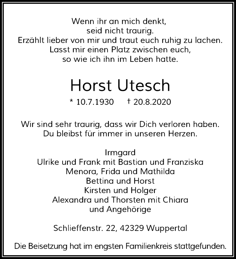  Traueranzeige für Horst Utesch vom 29.08.2020 aus trauer.wuppertaler-rundschau.de