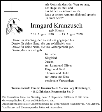 Traueranzeige von Irmgard Kranzusch von trauer.extra-tipp-moenchengladbach.de