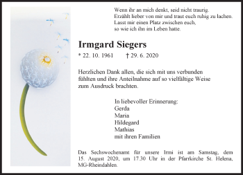 Traueranzeige von Irmgard Siegers von trauer.extra-tipp-moenchengladbach.de