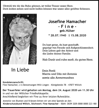 Traueranzeige von Josefine Hamacher von trauer.extra-tipp-moenchengladbach.de