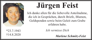 Traueranzeige von Jürgen Feist von trauer.extra-tipp-moenchengladbach.de