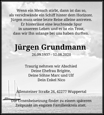Traueranzeige von Jürgen Grundmann von trauer.wuppertaler-rundschau.de