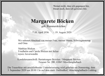 Traueranzeige von Margarete Böcken von trauer.extra-tipp-moenchengladbach.de