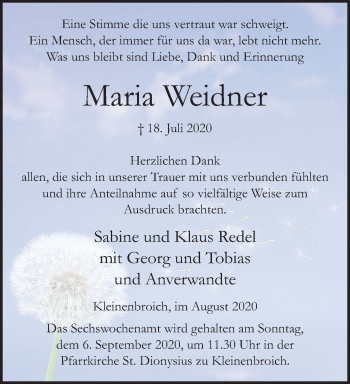 Traueranzeige von Maria Weidner von trauer.extra-tipp-moenchengladbach.de