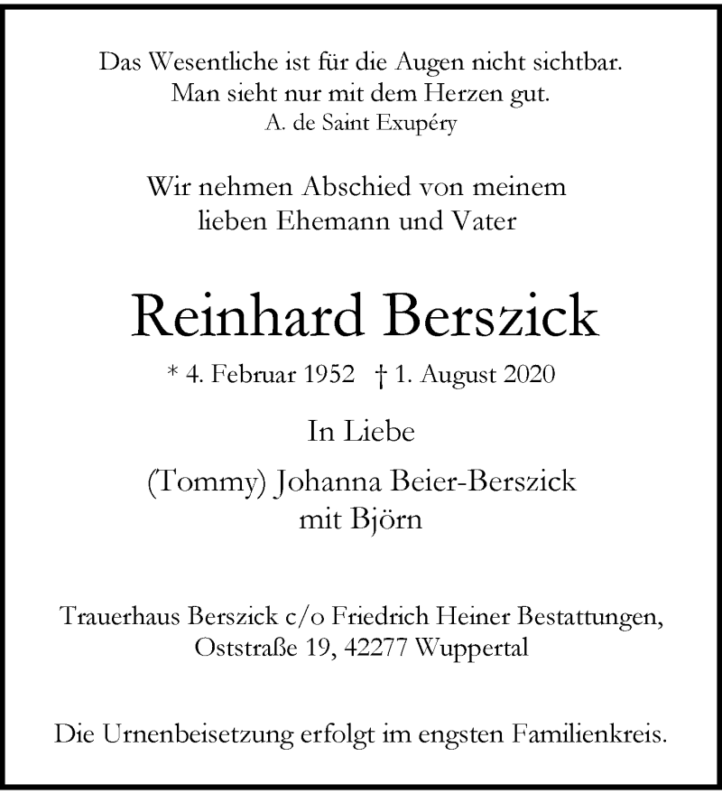  Traueranzeige für Reinhard Berszick vom 08.08.2020 aus trauer.wuppertaler-rundschau.de