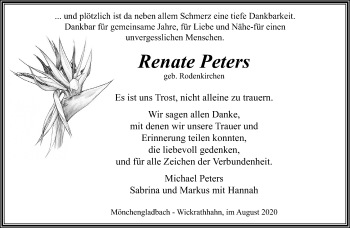 Traueranzeige von Renate Peters von trauer.extra-tipp-moenchengladbach.de