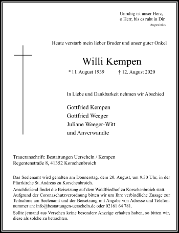 Traueranzeige von Willi Kempen von trauer.extra-tipp-moenchengladbach.de