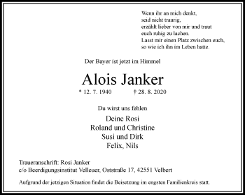 Traueranzeige von Alois Janker von trauer.wuppertaler-rundschau.de