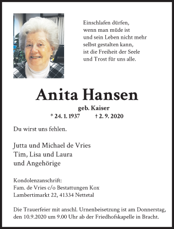 Traueranzeige von Anita Hansen von trauer.extra-tipp-moenchengladbach.de