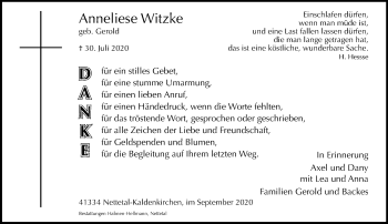 Traueranzeige von Anneliese Witzke von trauer.extra-tipp-moenchengladbach.de