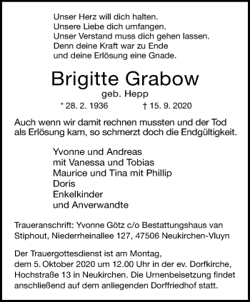 Traueranzeige von Brigitte Grabow von trauer.stadt-panorame.de